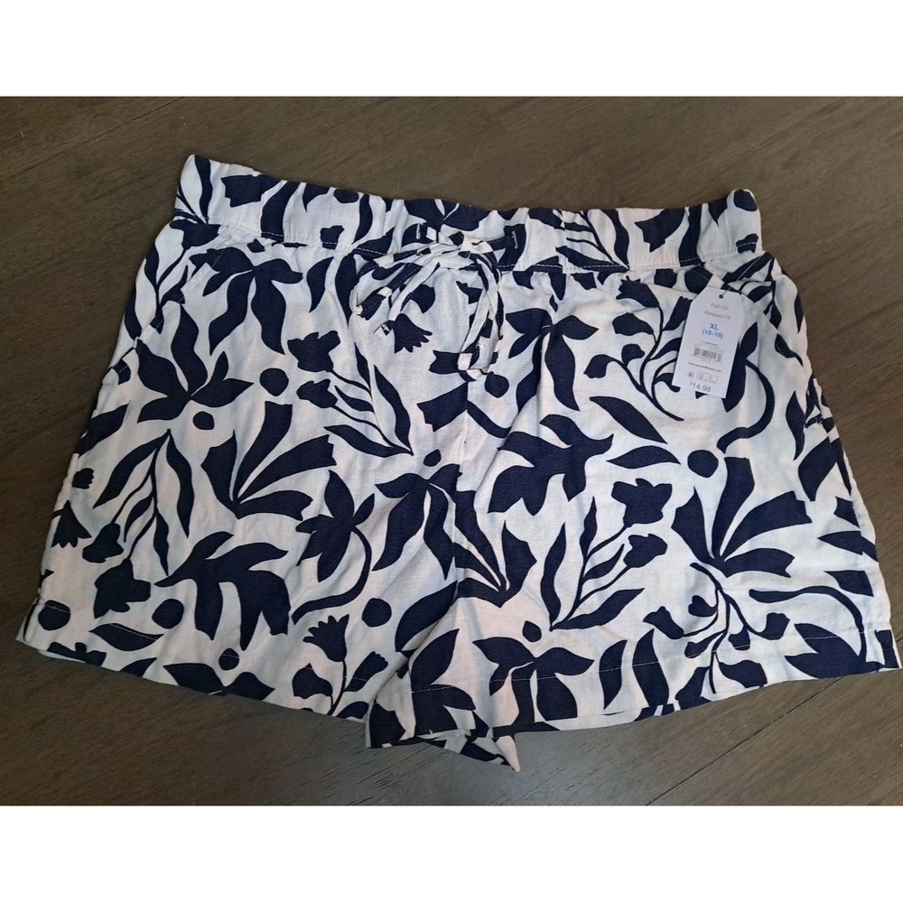 NWT Time‎ & Tru Womens Linen Shorts Dark Navy & White Botanical Size XL (16-18)